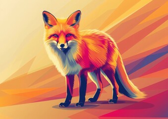 Wall Mural - Red fox with a bushy tail is rendered in a colorful polygonal style, standing on a background of sunset colors