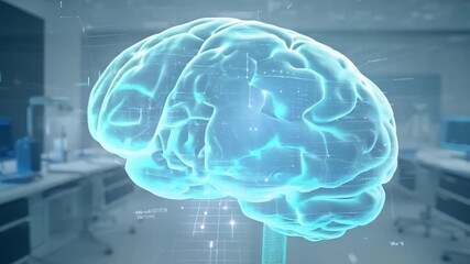 Poster - A holographic representation of the human brain is exhibited in a modern laboratory equipped with advanced technology.