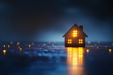 Poster - Miniature house glowing softly against a dark backdrop creating a sense of intimacy and serene solitude.