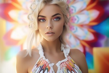 A beautiful woman in the psychedelic rainbower goddess beauty white holy fashion dessous style background, ai generated