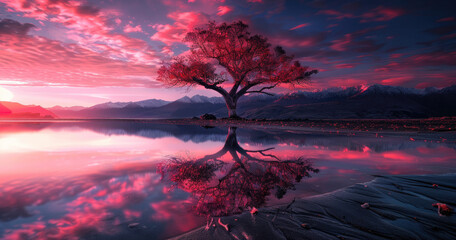 Sticker - A beautiful tree stands alone on the shore of Lake clean water, New Zealand. The sky is painted with vibrant pink and purple hues as dusk falls over both mountains.