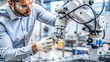 © hobonski - Engineer Working with Robotic Arm in Advanced Manufacturing Facility. An engineer in a modern manufacturing facility carefully inspects a component held by a robotic arm.