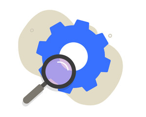 Technical repair exploration search gear cog wheel icon flat cartoon with magnifying glass vector graphic illustration, preference  upgrade settings cogwheel review inspection service image clip art
