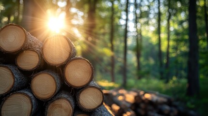 Poster - Stacked Logs in a Sunlit Forest