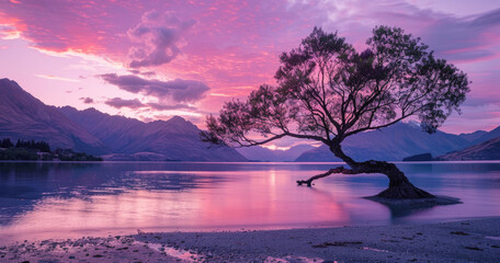 Canvas Print - A beautiful tree stands alone on the shore of Lake clean water, New Zealand. The sky is painted with vibrant pink and purple hues as dusk falls over both mountains.