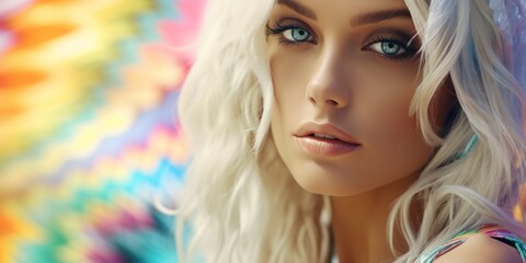 Wall Mural - A beautiful woman in the psychedelic rainbower goddess beauty white holy fashion dessous style background, ai generated