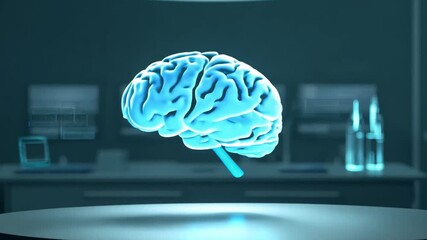Poster - A hologram of a human brain is showcased in a contemporary lab environment with advanced technology and glowing equipment around it.