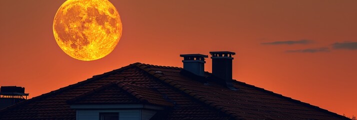 Poster - Full Moon in Red and Yellow Colors Over a House Roof