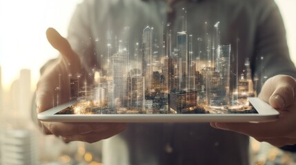 Canvas Print - Person Holding Tablet With City Skyline Hologram