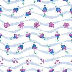 Wall Mural - Blue and pink abstract flowers seamless pattern on stripes