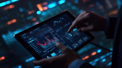 Poster - Person analyzing data on a digital tablet with glowing blue and red lights in the background.