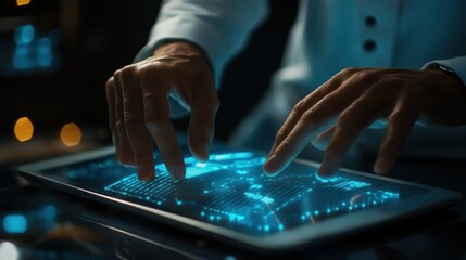 Poster - Hands Interacting with a Glowing Digital Interface on a Tablet