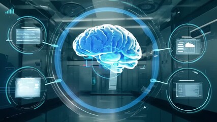 Poster - A holographic representation of a human brain is showcased in a cutting-edge laboratory filled with advanced technological equipment.