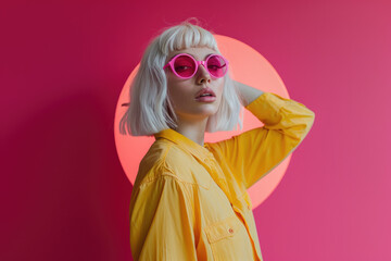 Wall Mural - A beautiful young woman with white hair in an electric yellow shirt and pink glasses against the background of a magenta circle