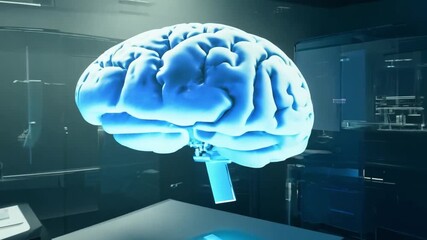 Wall Mural - A hologram of a human brain hovers in a modern laboratory, surrounded by advanced equipment and technology for scientific exploration.