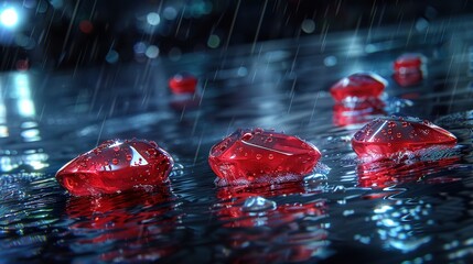 Wall Mural -   A cluster of red glass shards resting atop a watery puddle, surrounded by scattered droplets