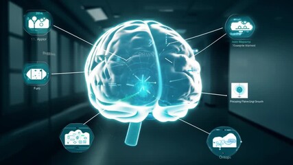 Poster - A holographic representation of a human brain is showcased in a modern laboratory, demonstrating cutting-edge scientific research and visualization techniques.