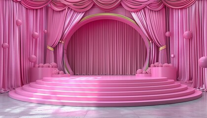 Wall Mural - Pink Stage with Circular Steps and Draped Curtains