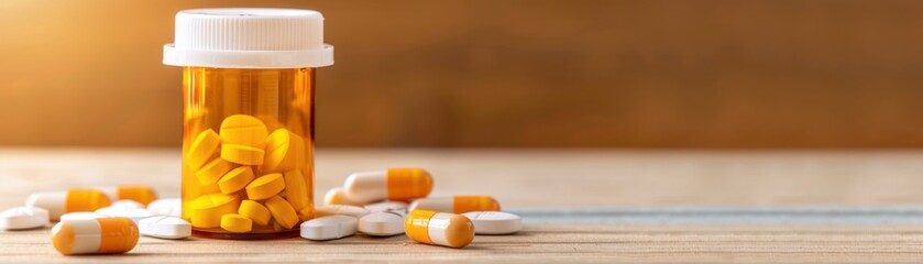 Wall Mural - a prescription bottle filled with yellow pills, with some capsules scattered nearby on a wooden table.