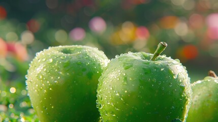 Canvas Print -   A cluster of emerald apples perched atop a verdant field dotted with dew-kissed droplets on a radiant afternoon