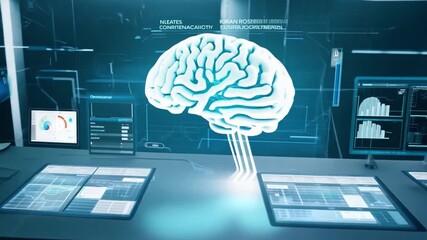 Poster - A hologram of a human brain is projected in a state-of-the-art lab, showcasing modern technology and research in neuroscience and cognitive studies.