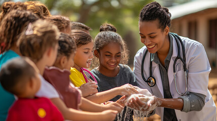 a telephoto angle photo of parents and children gathered around a healthcare worker who is demonstra