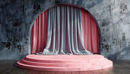 Wall Mural - Pink Podium with Gray and Pink Curtains in Arched Window against Concrete Wall