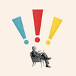© Lustre Art Group  - Contemporary art collage. Businessman sitting on chair, in monochrome using laptop, with colorful attention marks above him against beige background. Concept of business, idea, personal development.