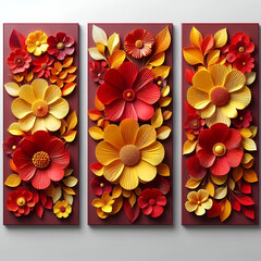 Wall Mural - Three colourful 3D floral wall art panels including yellow and red flowers