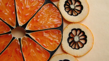 Poster -   An orange, cut into wedges, resting on a table alongside another orange in slices, positioned on the same table