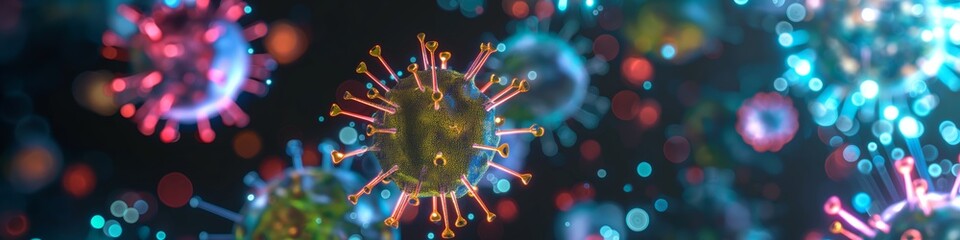 Poster - Cell virus with various corona spike in colourful epidemic affecting biology and flu science.