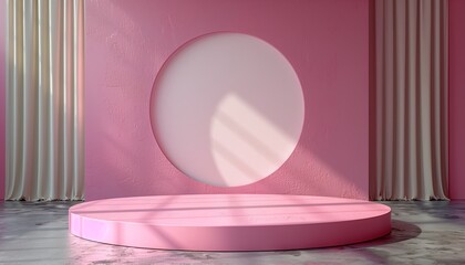 Wall Mural - Pink Circular Podium with White Curtains and a Circular Wall Feature