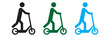 © Oliver Vandenberg - Electric scooter with man icon, kick bike ride, fast city bicycle, people lifestyle, generation, motion future technology, thin line symbol on white background - Vector illustration.