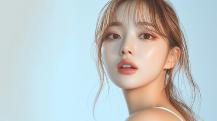 Aufkleber - 美肌の若くて可愛いアジア人女性モデルの美容ポートレート｜日本、韓国、中国