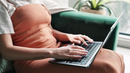 Aufkleber - Typing, sofa and woman hands in home with laptop, reading and editor on website for freelance career. Research, networking and girl in living room for remote work, writing and computer for online job