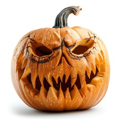 A menacing jack-o'-lantern with sharp teeth and glowing eyes, isolated on a white background. Perfect for Halloween themes.