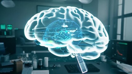 Poster - a detailed hologram of a human brain is displayed in a modern lab, showcasing advanced research and 
