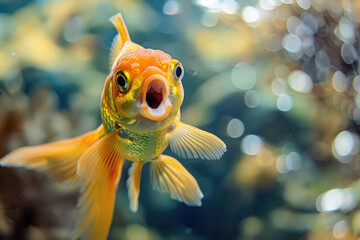 Sticker - A goldfish has its mouth open with its head tilted upwards, mouth wide open and sticking out in front