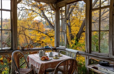 Poster - A cozy breakfast table was set up on the porch of an old country house, surrounded by yellowed vegetation and trees covered with yellow leaves.