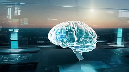 Poster - A hologram of a human brain is illuminated in a modern laboratory, showcasing advanced technology against a backdrop of a city skyline at dusk.