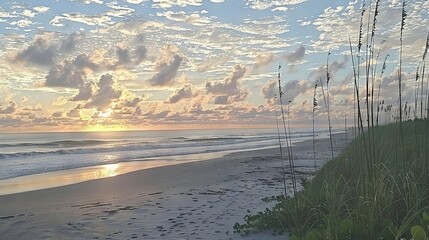 Canvas Print -   The sun sets on a beach with tall grass in the foreground and water in the background