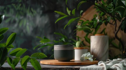 Wall Mural - Natural ceramics and greenery on a wooden tray