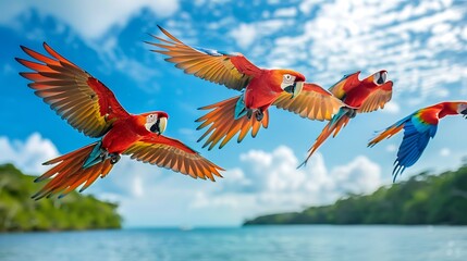 a group of parrots flying over a tropical beach, their colorful wings spread wide against the turquo