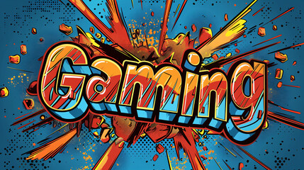 Poster - Colorful illustration of the word gaming in a comic book style with an explosion effect, evoking action and excitement