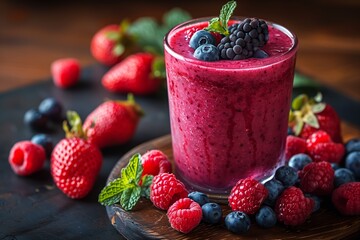 Sticker - Refreshing Berry Smoothie With Mint Garnish Served On Dark Wooden Table