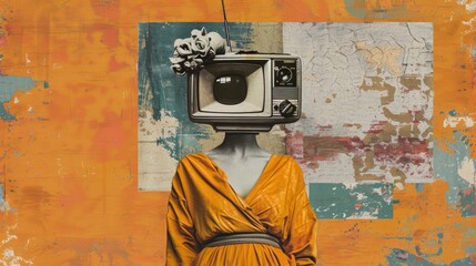 Collage art featuring a statue with a vintage TV head and stylish clothing, representing the role of media.