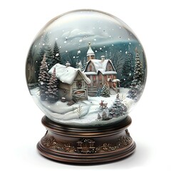 a traditional glass snow globe with a winter village scene and falling snow. the globe sits on a bro