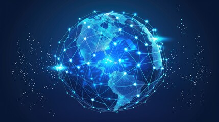 Poster - Digital globe with a blue connection network shining across the continents, representing global communication.