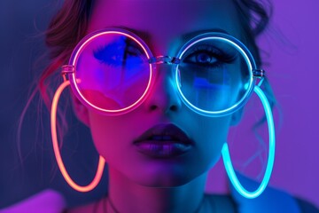 Close-up of a woman wearing bright neon round sunglasses and earrings in a futuristic setting