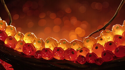 Poster -   Gummy bears on table with string lights and blurry background